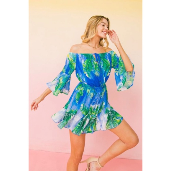 SOLD OUT Blue Green Tropical Palm Leaf Off Shoulder Romper Casual Summer - Picture 2 of 7